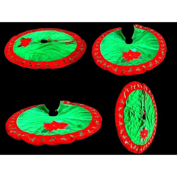 VTG Poinsettia Christmas Tree Skirt Red Green Holly Embroidered Flower L… - Picture 7 of 12